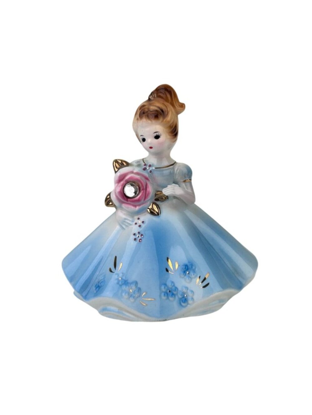 Josef Originals Japan Blue April Girl Pink Flower Rhinestone Ceramic Figure VTG
